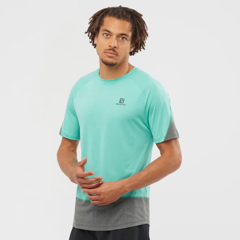 Turquoise / Grey Salomon Cross Run Short Sleeve Men\'s T-Shirts | IE GW9031